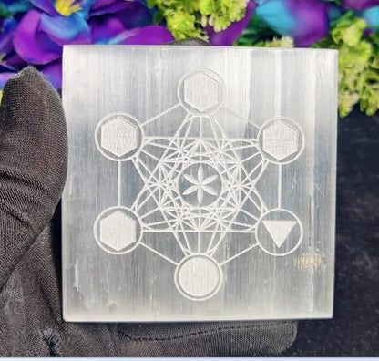 Selenite Charging Plate (Satin Spar Selenite) | Man Surrounded With Chakra Symbols